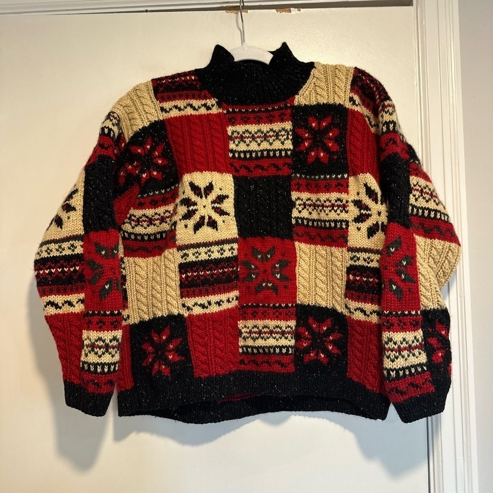 VTG JONES NEW YORK Sz: PL Holiday Patchwork Snowflake Wool Sweater Hand Knit
